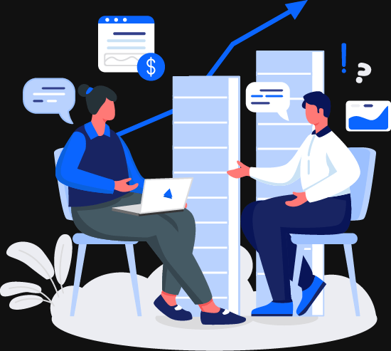 Animated illustration engineer talking with client near servers