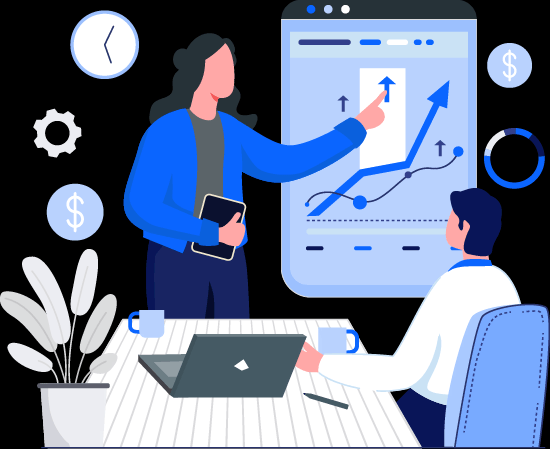 Animated illustration women presenting with charts to client